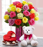 5 Gifts in 1! 2 Dozen Roses + Vase, Chocolate, Bear & Pashmina
