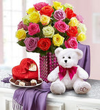 5 Gifts in 1! 2 Dozen Roses + Vase, Chocolate, Bear & Pashmina