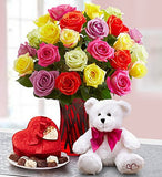 5 Gifts in 1! 2 Dozen Roses + Vase, Chocolate, Bear & Pashmina