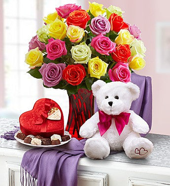 5 Gifts in 1! 2 Dozen Roses + Vase, Chocolate, Bear & Pashmina