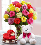 5 Gifts in 1! 2 Dozen Roses + Vase, Chocolate, Bear & Pashmina