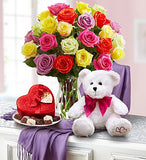 5 Gifts in 1! 2 Dozen Roses + Vase, Chocolate, Bear & Pashmina