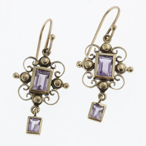 Garnet yellow gold rectangle detail drop vintage style earrings