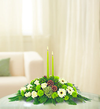 Winter White Centerpiece with Green Candles