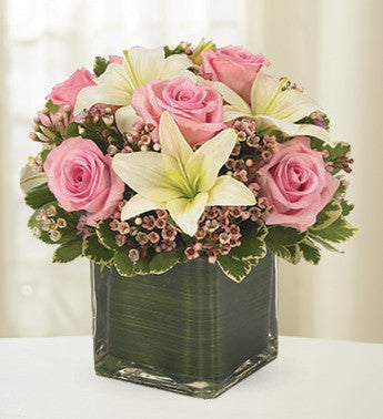 Enchanting Cube of Pink Roses and White Lilies