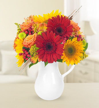 Sunflower and Cattail Pitcher Bouquet