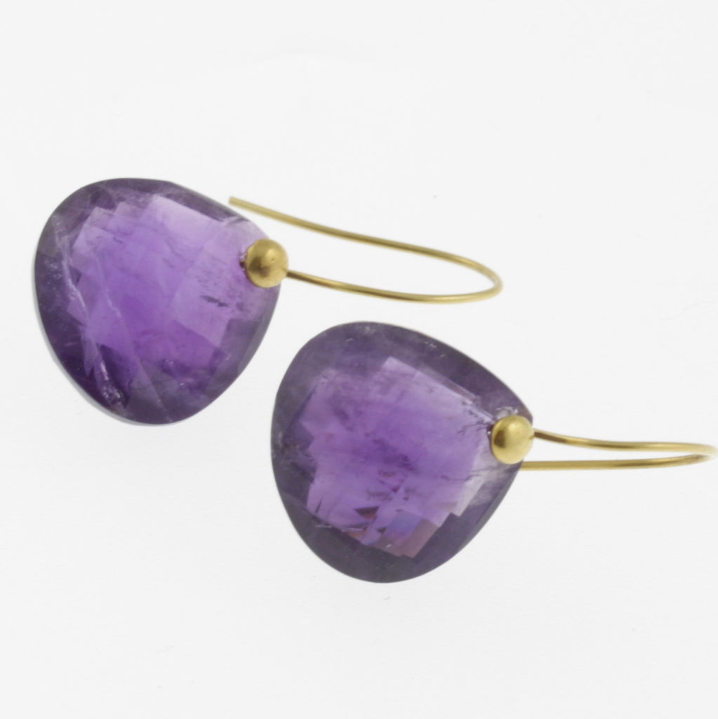 Faceted dark amethyst yellow gold drop earrings
