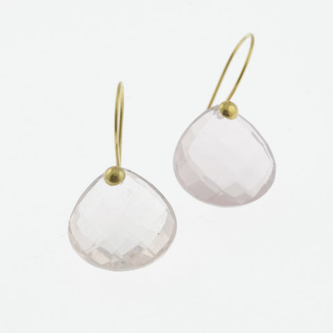 Faceted rose quartz yellow gold drop earrings
