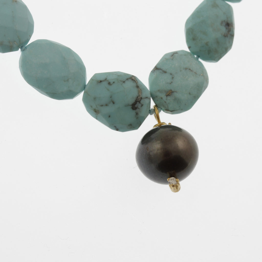 Faceted turquoise and tahitian pearl necklace