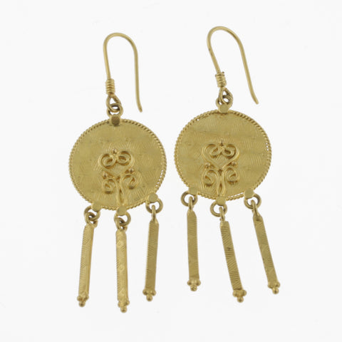Yellow gold disc earrings with three drops