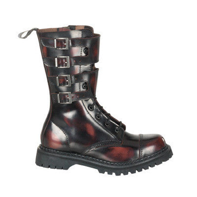 Demonia Attack-10 Eye 4 Buckle Burgundy Rub Off Boot